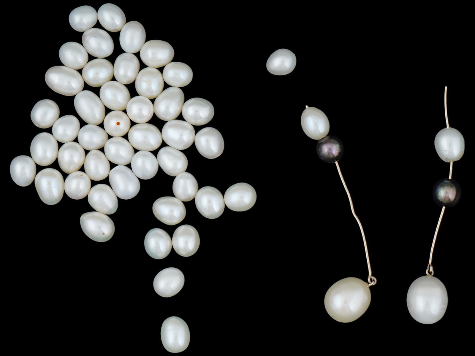COLLECTION OF NATURAL PEARL BEADS FOR JEWELRY: A collection of natural pearl beads of irregular shape. There are a few of pearl beads connected together with a pair of black pearls. Vintage and Modern Natural Stones, Necklaces, Jewelry, Gifts And