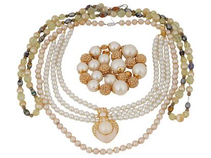 VINTAGE FRESHWATER PEARL AND GLASS BEADS: A lot of three strings of beads and a beaded choker necklace. Composed of cultured pearls, gold-tone metal and glass beads. Various size and color shade. Beaded Jewelry, Freshwater Pearls. THIS
