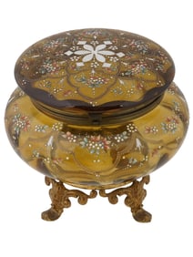 ANTIQUE BOHEMIAN MOSER AMBER GLASS HINGED TRINKET BOX