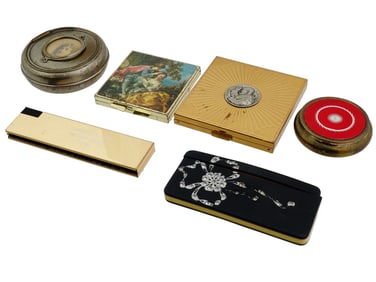 VINTAGE COMPACT MIRRORS PILL BOXES AND HAIRBRUSHES
