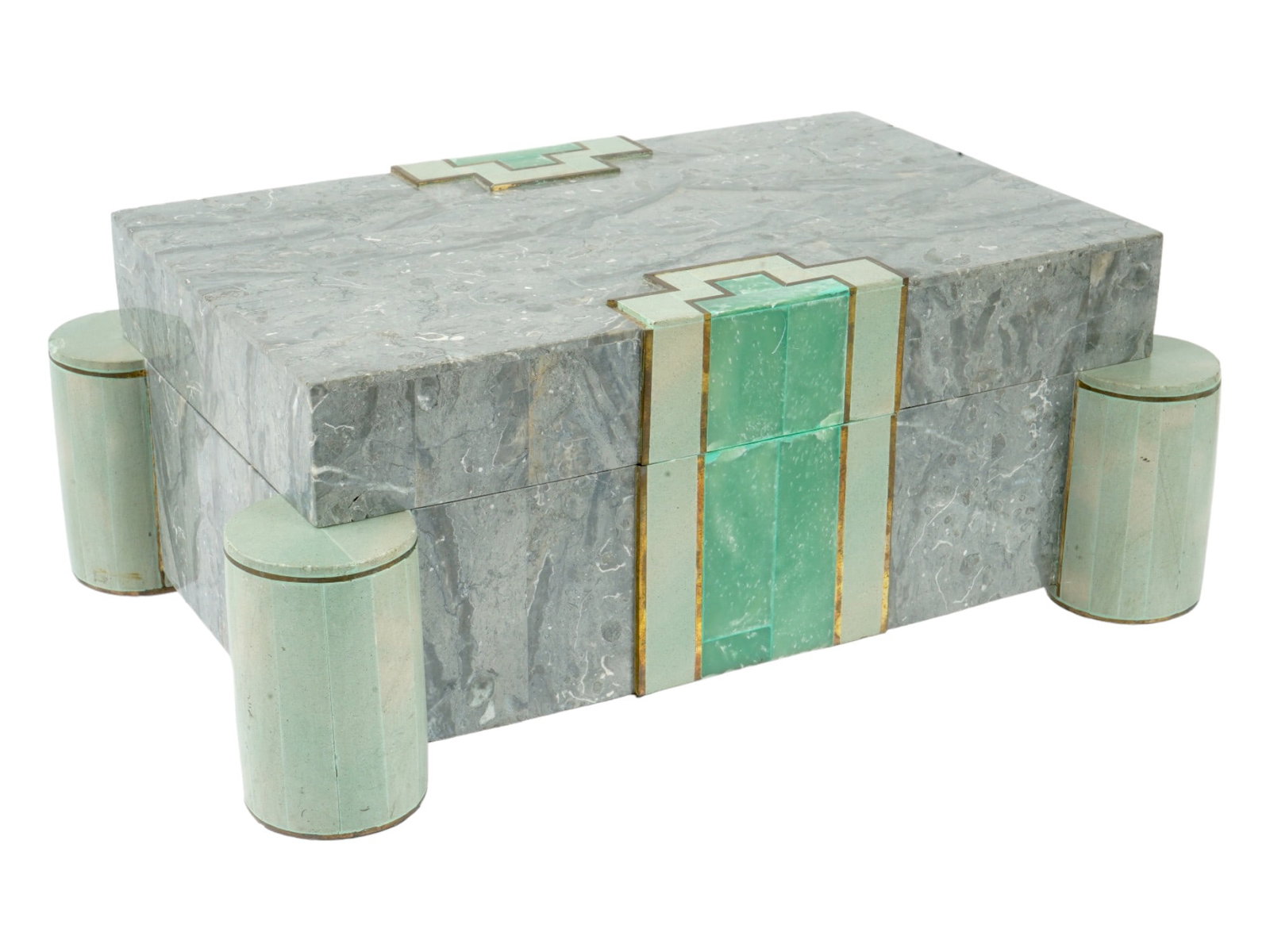 VINTAGE EUROPEAN MARBLE IMITATION JEWELRY BOX: A vintage European marble imitation jewelry box with a lid. The rectangular gray box is decorated with a green geometric design with gold accents in an Art Deco manner. At the corners of the box, are 