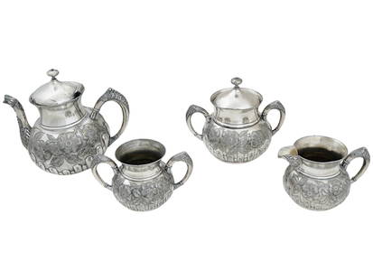 LATE 19TH C AMERICAN HARTFORD SILVER PLATE CO TEA SET: An antique American quadruple silver plated tea set by Hartford Silver Plate Co. Circa 1881 to 1893. The set includes a tea pot, a waste bowl, a sugar bowl and a creamer beautifully detailed in 1421 p
