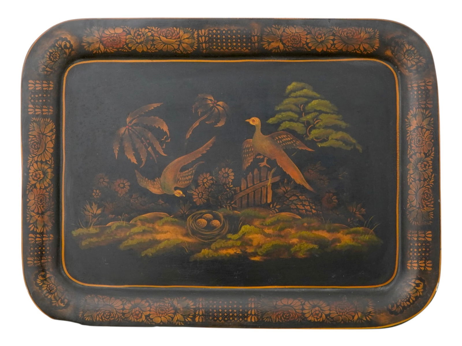 VINTAGE AMERICAN HAND PAINTED PEACOCK TOLE TRAY SIGNED (1 of 6)