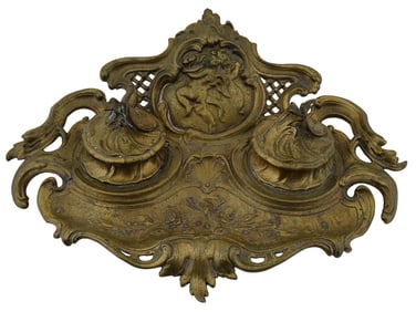 ANTIQUE FRENCH ART NOUVEAU BRONZE DOUBLE INKWELL