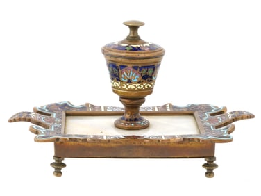 CHAMPLEVE ENAMEL ONYX INKWELL MARKED TIFFANY AND CO
