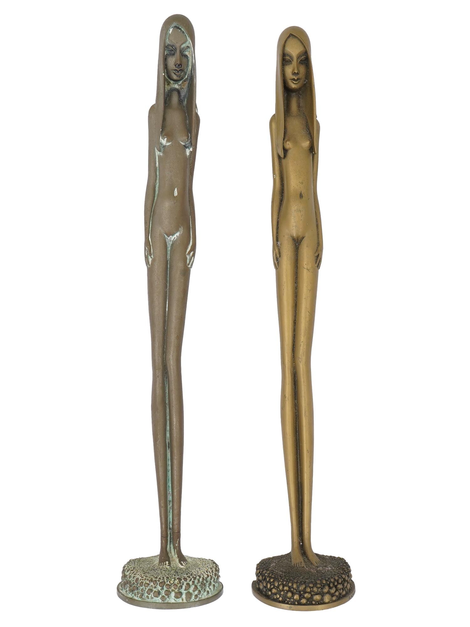 AFTER GIOVANNI SCHOEMAN COMPOSITE FEMALE SCULPTURES: After Giovanni Schoeman, South African, 1940 to 1981, a pair of composite nude female figure sculptures. Reflecting Schoemans distinctive artistic style, these elegant forms capture the fluid lines an