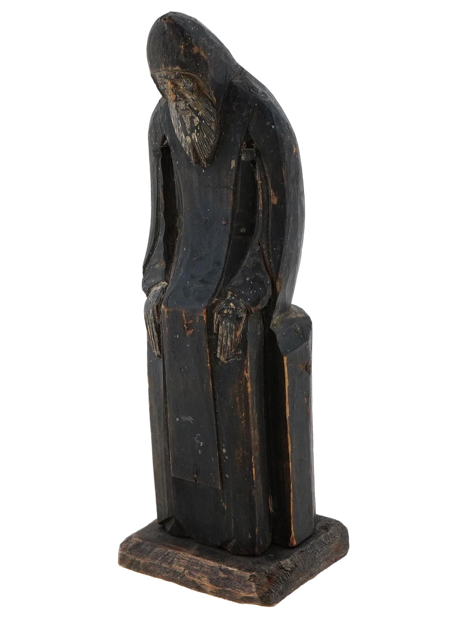ANTIQUE 19TH C RUSSIAN HAND CARVED WOOD SAINT FIGURINE: An antique 19th century Russian hand carved wooden figure, portrays a saint figure with a long beard. The carved figure is robed and hooded, standing on a simple wood base, and exhibits significant ag