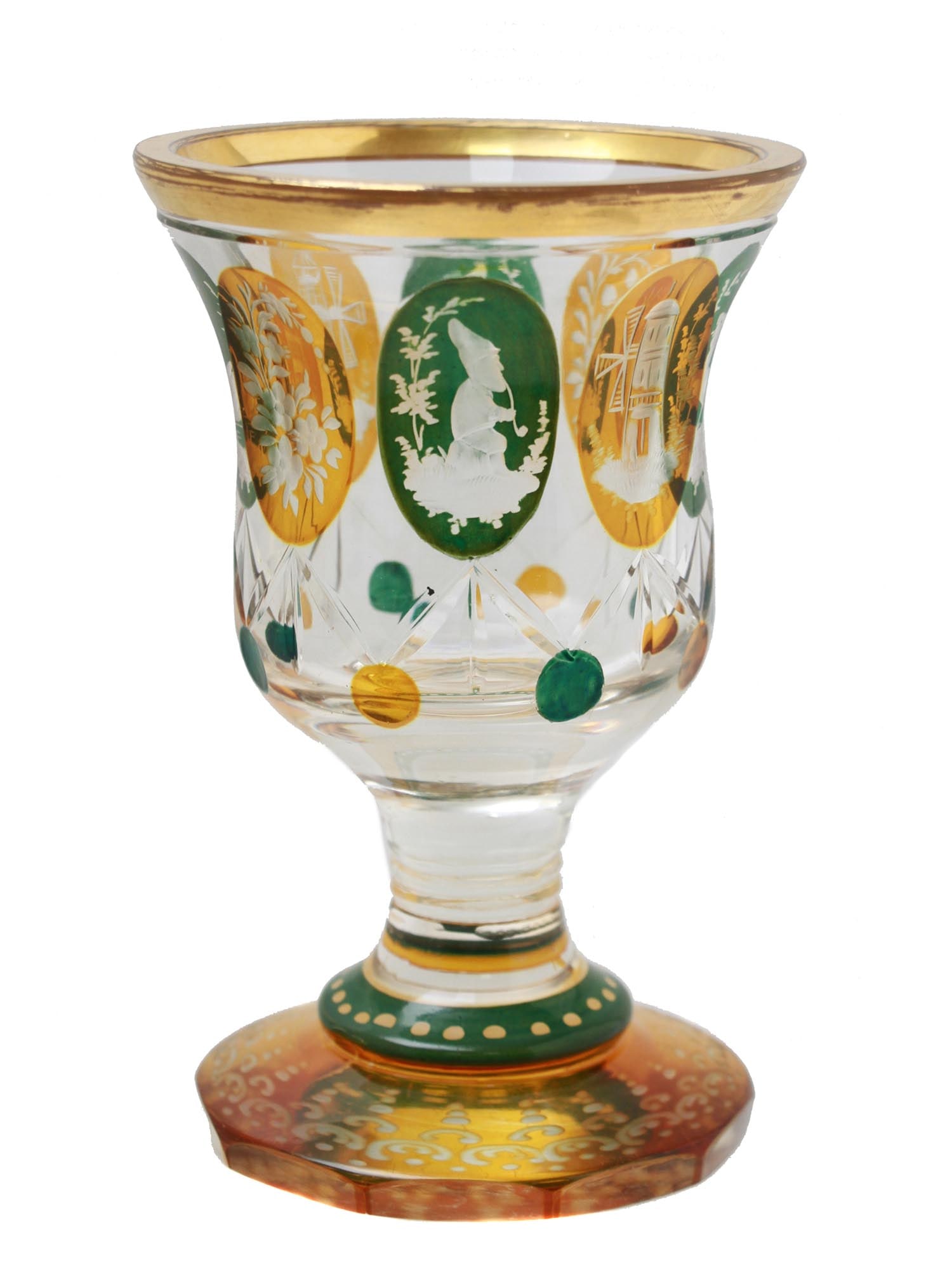 ANTIQUE BOHEMIAN COLOR CUT TO CLEAR GLASS GOBLET (1 of 4)