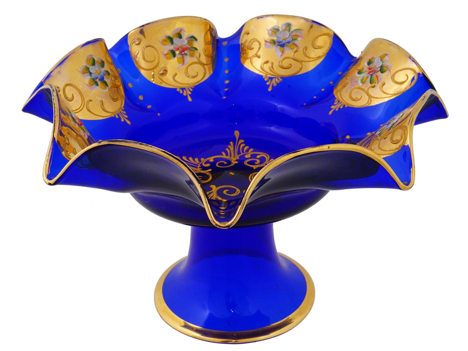 VINTAGE BLUE GLASS CANDY OR FRUIT BOWL BY MOSER: A vintage blue glass candy or fruit bowl by Moser, a Czech company focused on the production of lead free handcrafted luxury glass and crystal established in 1857. A blue bowl on a high foot with a cu