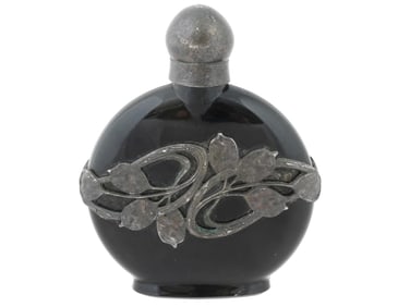 ANTIQUE ART NOUVEAU BLACK GLASS FLORAL PERFUME BOTTLE