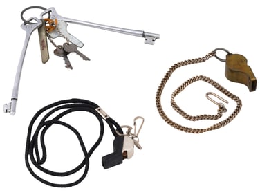 VINTAGE BUNCH OF KEYS AND TWO WHISTLES ON CORD