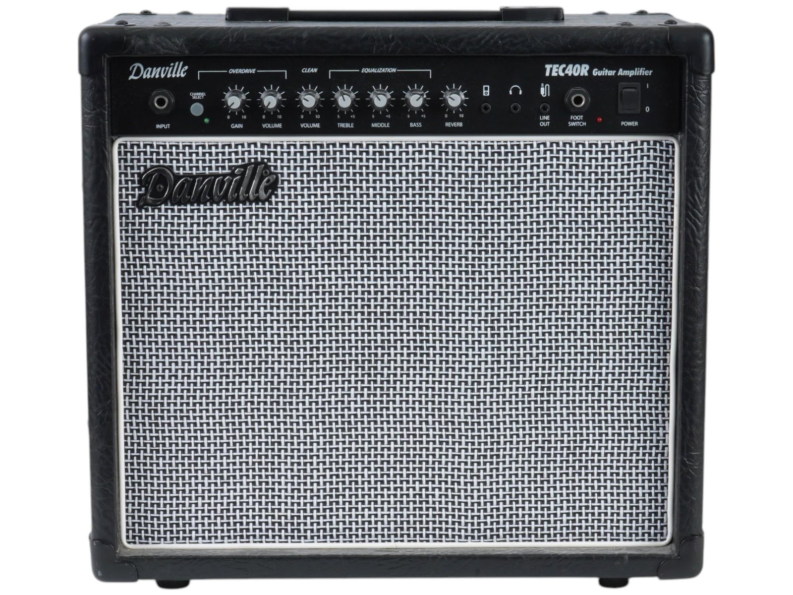 DANVILLE TEC40R GUITAR AMPLIFIER WITH CORD: A Danville TEC40R guitar amplifier. The control panel at the top features knobs for gain, volume, treble, middle, bass, and reverb, along with various input and output jacks. The Danville brand name i