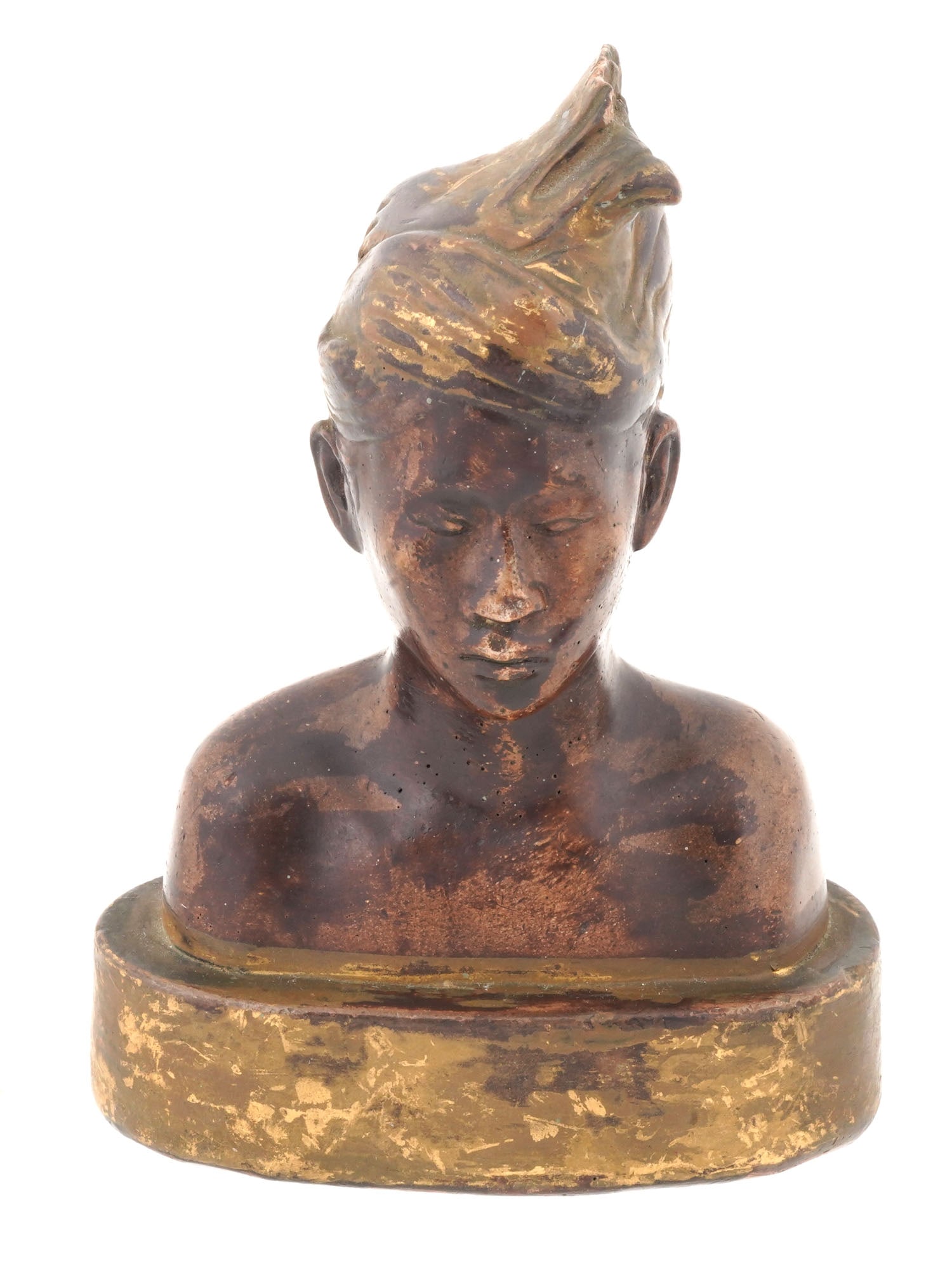 VINTAGE AFRICAN IRON WOOD FEMALE BUST SCULPTURE: A vintage African carved iron wood female bust sculpture polished off to a smooth natural polish. Circa the early to mid 20th century. The artwork represents a bust of a young woman with a high hairst