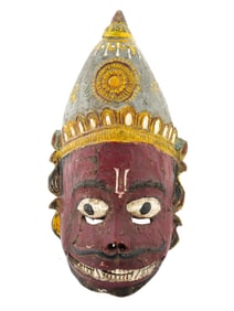 LARGE INDIAN WOODEN PAINTED MASK OF HANUMAN