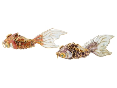 PAIR OF VINTAGE CHINESE SILVER ENAMEL KOI FISH PENDANTS