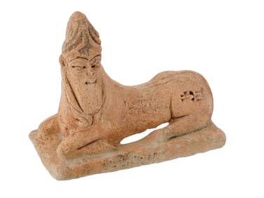 ANCIENT TERRACOTTA FIGURE LION WITH A HUMAN HEAD