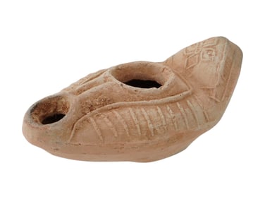 ANCIENT TERRACOTTA OIL LAMP OF TRADITIONAL DESIGN