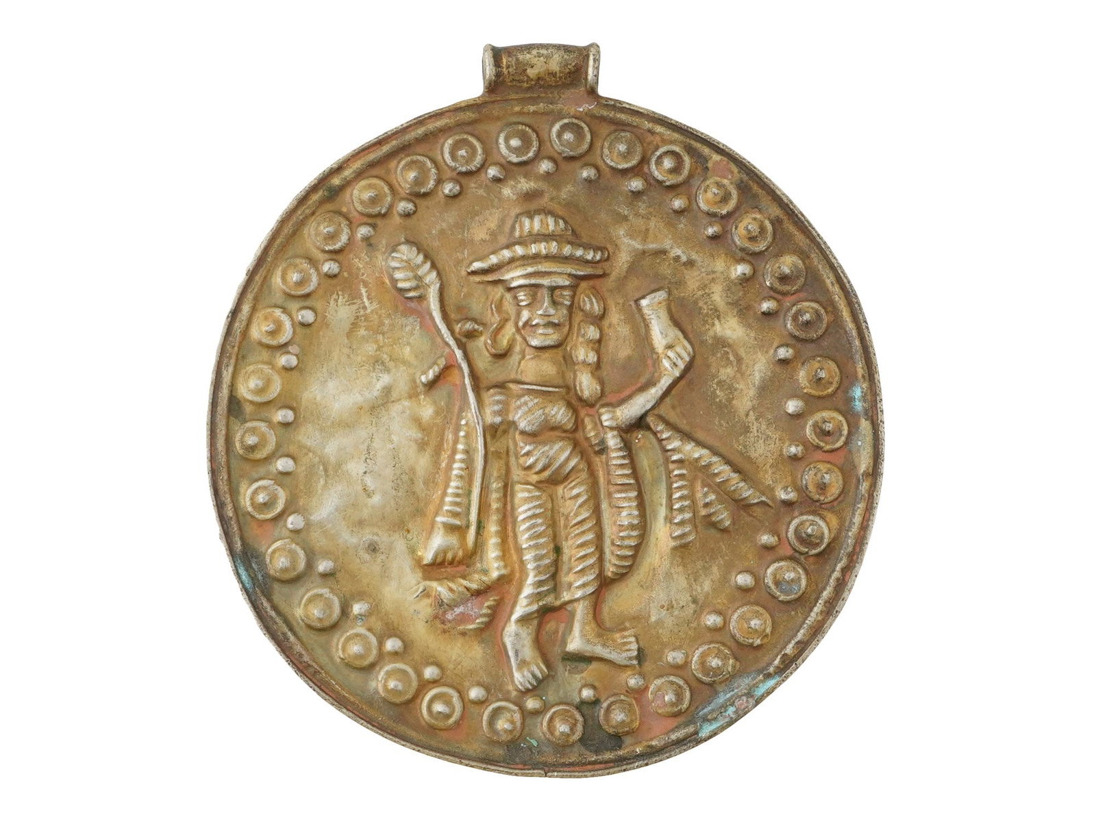 ANCIENT ROMAN JEWELRY METAL MEDALLION WITH A FIGURE: An ancient Roman metal medallion, featuring a chiseled figure centrally depicted within a finely detailed beaded frame. Likely a decorative or commemorative piece, this medallion exemplifies the artis