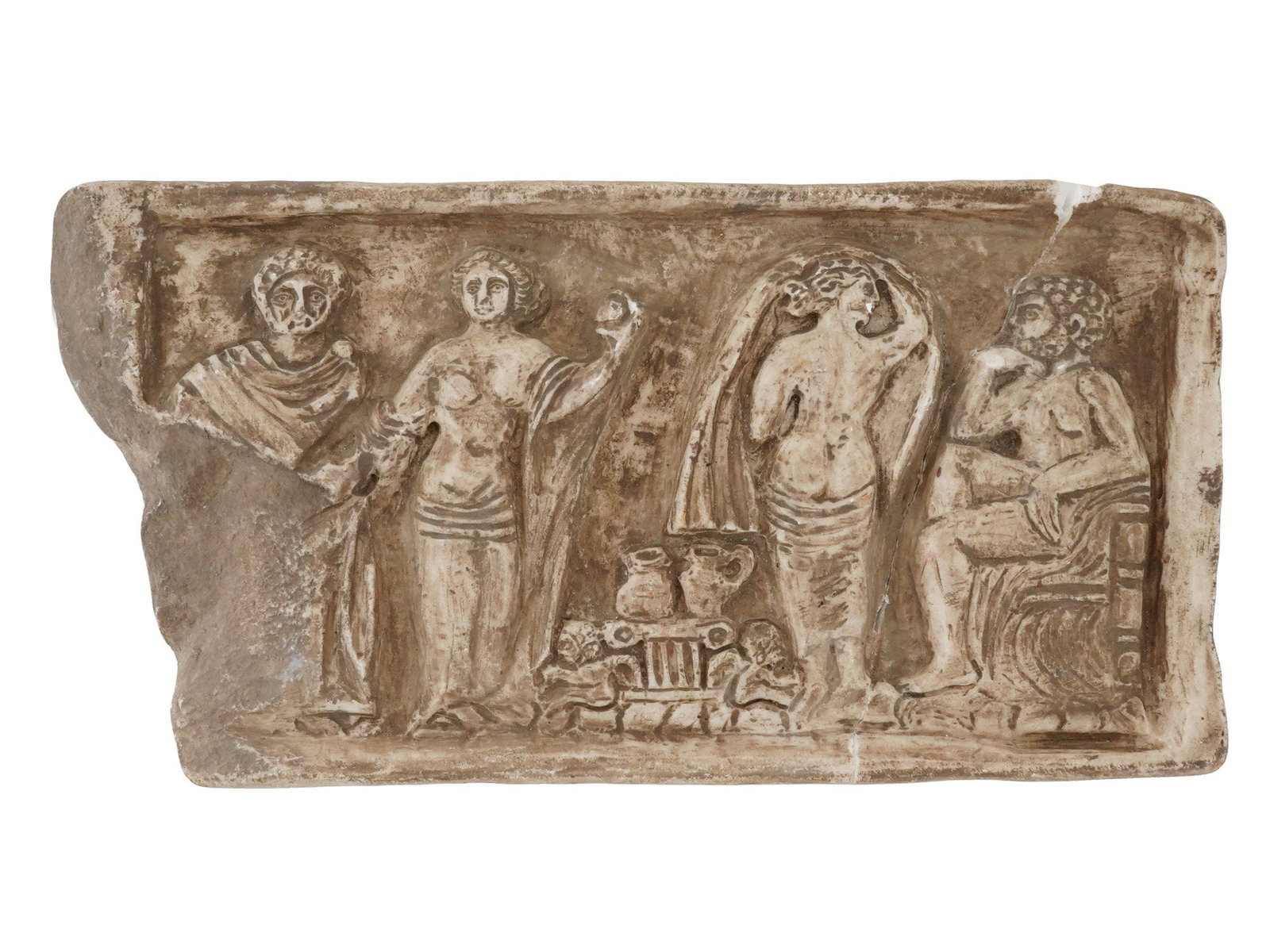 ANCIENT GREEK HELLENISTIC PERIOD BAR RELIEF PANEL: An ancient Greek Hellenistic Period carved panel. The rectangular shaped panel is adorned with a relief scene depicting male and female semi nude figures probably representing deities. Ancient Greek a