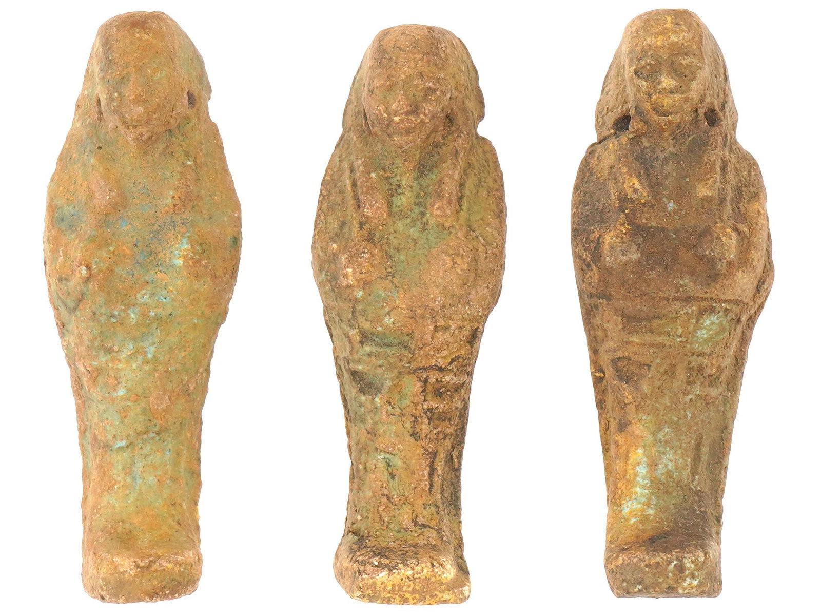 THREE ANCIENT EGYPTIAN FAIENCE USHABTI FIGURINES (1 of 6)