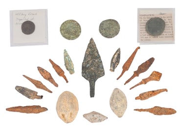 COLLECTION OF ANCIENT ITEMS DISPLAYED IN BOX
