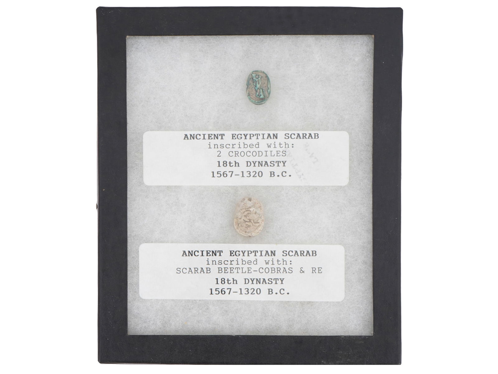 ANCIENT EGYPTIAN SCARAB AMULETS IN DISPLAY CASE (1 of 7)