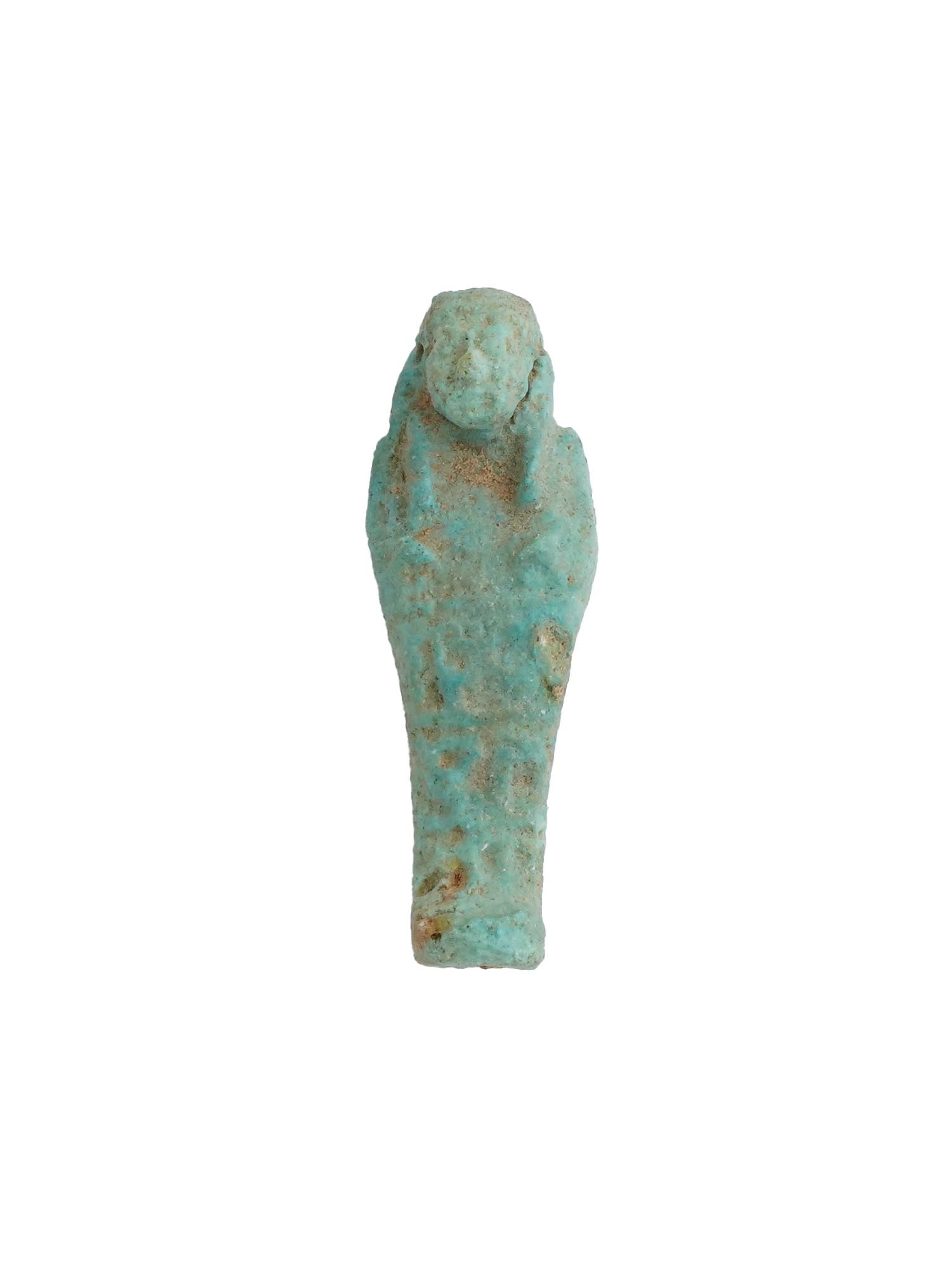 ANCIENT EGYPTIAN GLAZED CLAY USHABTI FIGURINE: An Ancient Egyptian blue-glazed clay ushabti figurine. Late Period or Ptolemaic Egypt, ca. 4th to 1st centuries BC. The ushabti or shabti is a type of funerary figurine used in ancient Egyptian funera
