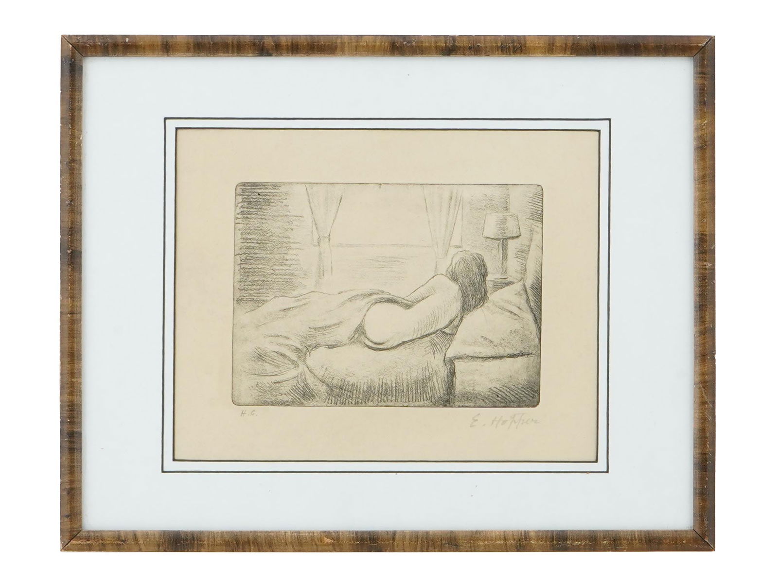 ATTR EDWARD HOPPER AMERICAN FEMALE NUDE ETCHING: Attributed to Edward Hopper, American, 1882 to 1967, etching on paper. The artwork depicts a nude woman in bed. Signed in pencil in the lower right. Marked HC, Hors dCommerce, in the lower left, indic