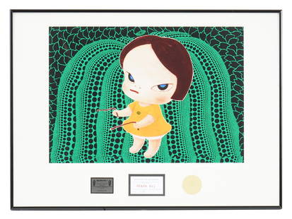 DEATH NYC SIGNED COLOR PRINT WITH COA: A Death NYC color print on paper depicting a portrait of a girl on the polka dot pumpkin background, homage to Yayoi Kusama. Inscribed and dated 2023 in pencil, lower left. Numbered 1 of 1 in pencil,