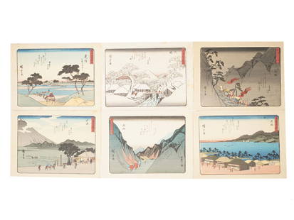AFTER UTAGAWA HIROSHIGE JAPANESE LANDSCAPE WOODBLOCKS: A lot of 6 color woodblock prints. After Utagawa Hiroshige, 1797 to 1858, a Japanese ukiyo-e artist, considered the last great master of this genre painting tradition. From the series 53 Stations of t