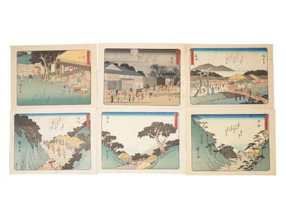 AFTER UTAGAWA HIROSHIGE JAPANESE LANDSCAPE WOODBLOCKS: A lot of 6 color woodblock prints. After Utagawa Hiroshige, 1797 to 1858, a Japanese ukiyo-e artist, considered the last great master of this genre painting tradition. From the series 53 Stations of t