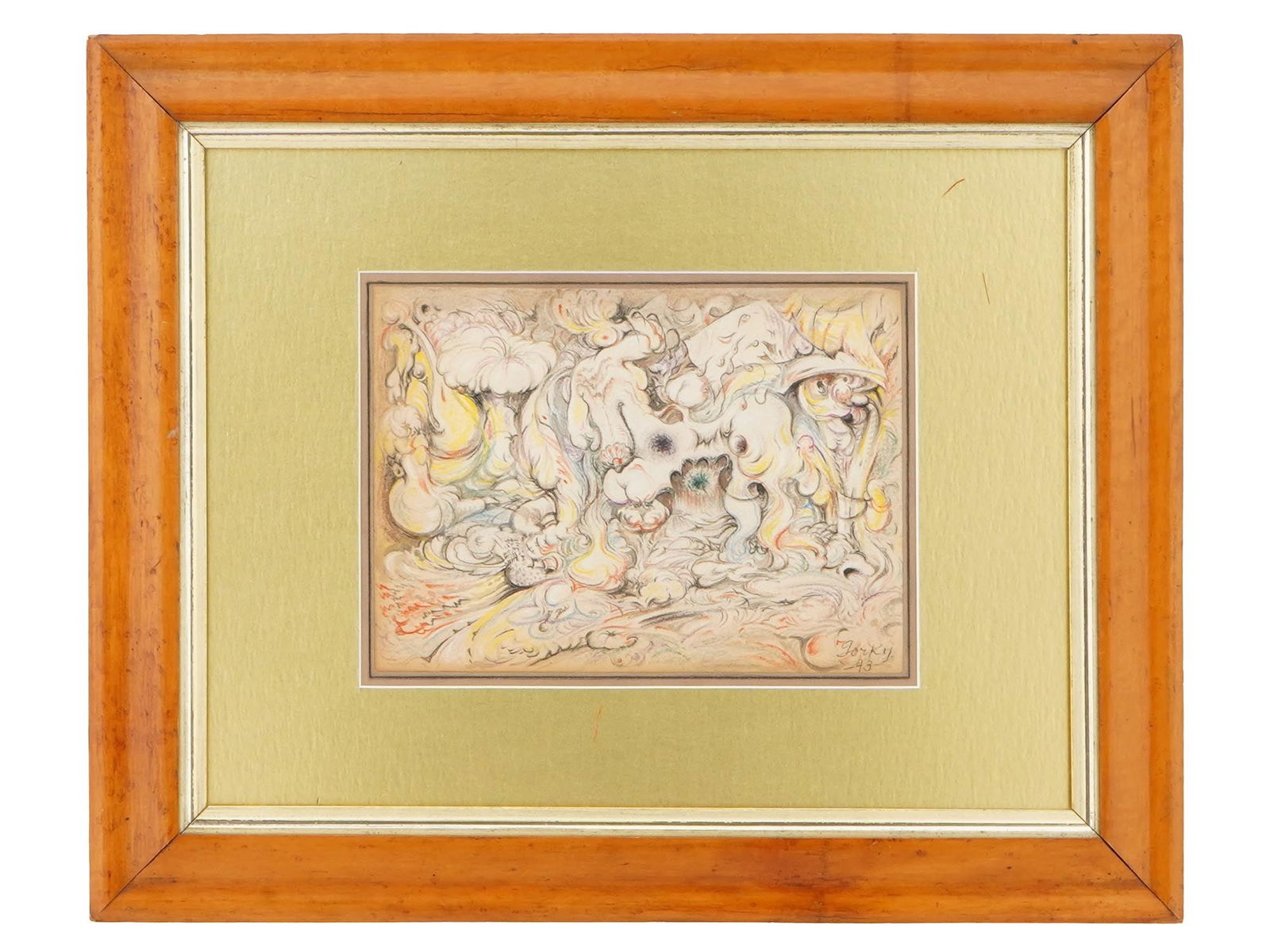MODERNIST AMERICAN MIXED MEDIA PAINTING SIGNED GORKY: A mixed media painting on paper depicting a Surreal composition. Signed, Gorky, and dated 43, lower right. Framed. Arshile Gorky, born Vostanik Manoug Adoian, 1904 to 1948, was an Armenian American pa