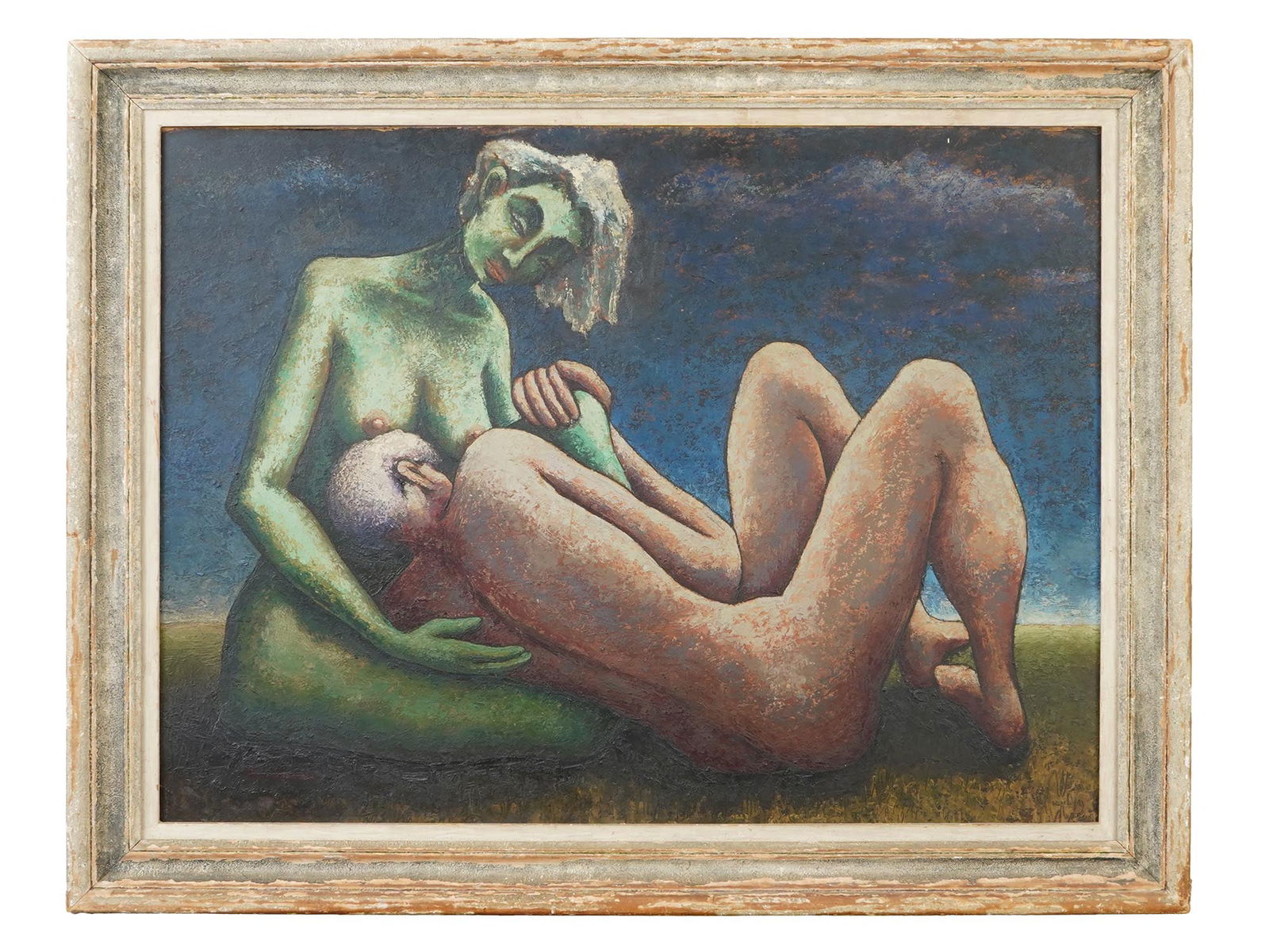 ATTR ALEXANDER ARCHIPENKO UKRANIAN OIL PAINTING: Attributed to Alexander Archipenko, Ukranian-American, 1887 to 1964, oil on board painting. The artwork represents two nude figures in landscape scenery. Signed in the lower left. Framed. The Ukranian