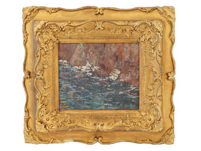 GUSTAVE LOISEAU FRENCH POST IMPRESSIONIST PAINTING: Gustave Loiseau, French, 1865 to 1935, a Post Impressionist oil on canvas on board painting depicting a seascape. Housed in an old gilt wood frame with a metal name plate below. Gustave Loiseau was bo