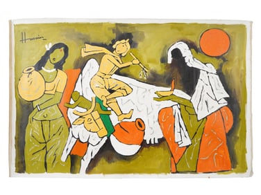 SIGNED MF HUSAIN INDIAN OIL PAINTING WITH COA