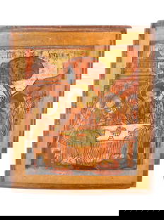 ANTIQUE 18TH C RUSSIAN ICON OF HOLY TRINITY: An antique 18th-century Russian Orthodox icon representing the Holy Trinity of the Old Testament. Mixed media painting: egg tempera, gesso, and levkas on a wood board. Titled in Church Slavonic above.