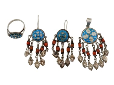 VINTAGE ETHNIC ENAMEL CORAL EARRINGS RING PENDANT