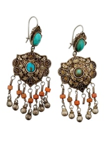 VINTAGE ETHNIC SILVER TURQUOISE CORAL EARRINGS