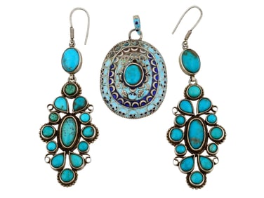 VINTAGE ETHNIC ENAMEL AND TURQUOISE JEWELRY SET