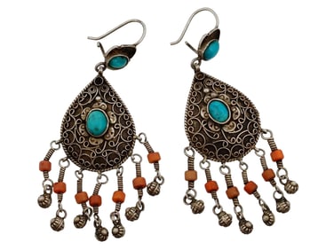 VINTAGE SILVER TURQUOISE AND CORAL BEAD DANGLE EARRINGS