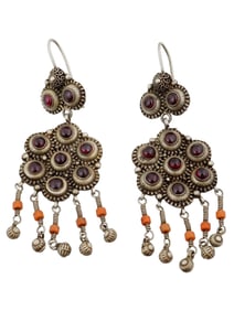 VINTAGE ETHNIC SILVER GARNET AND CORAL HOOK EARRINGS