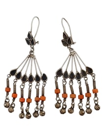 VINTAGE SILVER ENAMEL FOLIAGE DANGLE EARRINGS W CORALS