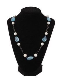 VINTAGE STERLING SILVER PEARL AQUAMARINE NECKLACE