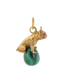 RUSSIAN SILVER MALACHITE W RUBY BULLDOG EGG PENDANT