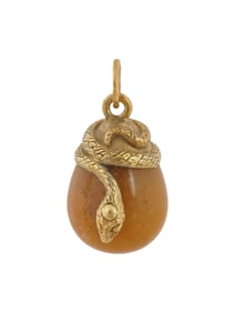 RUSSIAN GILT SILVER SNAKE HARD STONE EASTER EGG PENDANT