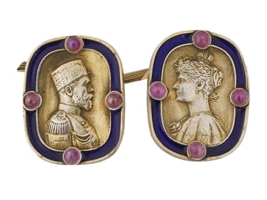 RUSSIAN SILVER ENAMEL IMPERIAL CUFFLINKS W GEMSTONES