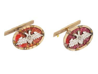 RUSSIAN SILVER GUILLOCHE ENAMEL DIAMONDS CUFF LINKS