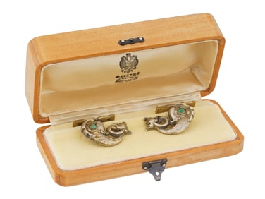 RUSSIAN SILVER DOLPHIN CUFF LINKS WITH EMERALDS