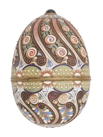 LARGE RUSSIAN SILVER ENAMEL EASTER EGG W GEMSTONE