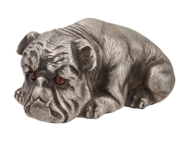 LARGE RUSSIAN SILVER FIGURE OF BULLDOG W GEMSTONE EYES